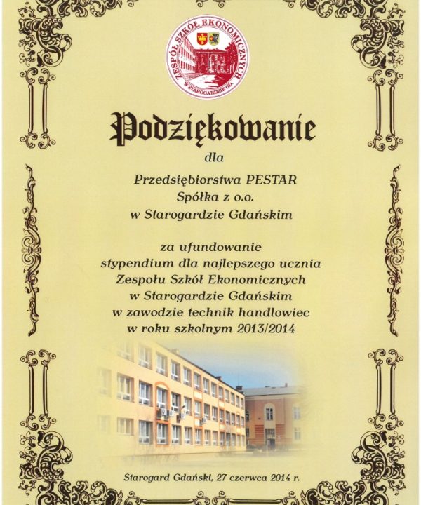 Podziękowanie za ufundowanie nagrody